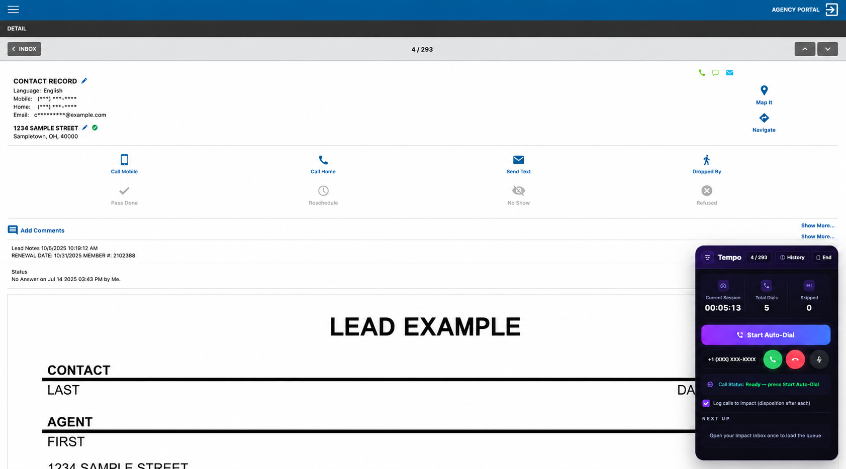 The Tempo dialer running inside the Impact CRM — session timer, auto-dial, and next-up queue